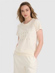 4F T-shirt regular z nadrukiem damski - beżowy M. Brązowe t-shirty 4f, m, bez wzorów, z bawełny, bez kołnierzyka, bez ramiączek. W wyprzedaży za 39.99 zł.