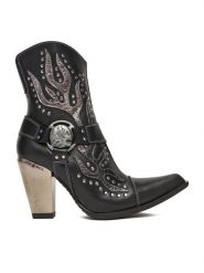 NEW ROCK Kowbojki M-7919-S1 Czarny. Czarne botki NEW ROCK, bez wzorów, ze skóry, bez obcasa, na słupku, bez zapięcia. Za 1,289.00 zł.