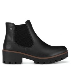 Botki Rieker. Czarne botki Rieker, bez wzorów, bez obcasa, na słupku, bez zapięcia. Za 303.00 zł.