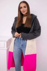 Sweter Kardigan z kapturem w pasy grafitowy+beżowy+różowy neon. Brązowe kardigany KESI, l, bez wzorów, z jeansu. Za 209.08 zł.