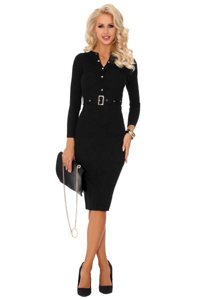 Czarna Dzianinowa Szmizjerka z Paskiem. Czarne sukienki Merribel, xl, bez wzorów, z bawełny, wizytowe, bez kołnierzyka, bez ramiączek, szmizjerki. Za 146.90 zł.