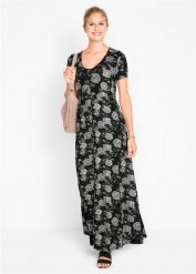 Długa sukienka shirtowa z krótkim rękawem. Czarne sukienki bonprix, bez wzorów, z wiskozy, bez kołnierzyka, bez ramiączek, maxi. Za 159.99 zł.
