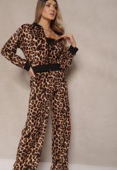 Brązowy Komplet Dresowy w Panterkowy Print Bluza i Spodnie o Szerokim Kroju Sonariela. Brązowe bluzy Renee, m, z aplikacjami, z dresówki, bez kaptura. Za 74.99 zł.
