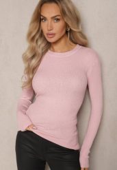Jasnoróżowy Prążkowany Sweter z Bawełną Ozdobiony Cyrkoniami Romilea. Czerwone swetry Renee, bez wzorów, z bawełny, bez ramiączek. Za 44.99 zł.