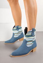 Niebieskie Botki Typu Kowbojki na Niskim Obcasie Elearisha. Niebieskie botki Renee, bez wzorów, z jeansu, ze szpiczastym noskiem, bez obcasa, na obcasie, bez zapięcia. Za 119.99 zł.