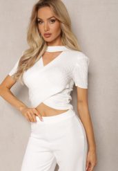 Biała Bluzka z Chokerem o Krótkim Fasonie i Trójkątnym Dekolcie Katrrie. Białe bluzki Renee, s, bez wzorów, eleganckie, bez kołnierzyka, bez ramiączek. W wyprzedaży za 59.49 zł.