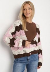 Różowy Kardigan w Ażurowy Wzór z Dodatkiem Wełny i Wiskozy Esilla. Czerwone kardigany Born2be, w ażurowe wzory, z dzianiny. Za 169.99 zł.