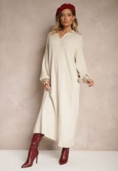 Jasnobeżowa Sweterkowa Sukienka z Wiskozą o Pudełkowym Kroju Ozdobiona Kołnierzykiem Clarinnae. Brązowe sukienki Renee, bez wzorów, z wiskozy, eleganckie, bez kołnierzyka, bez ramiączek, maxi, kopertowe. Za 114.99 zł.