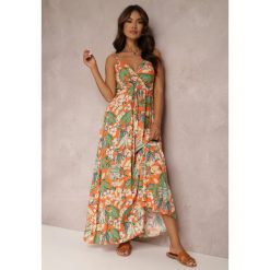 Pomarańczowa Sukienka Nourane. Brązowe sukienki Renee, na co dzień, na lato, l, bez wzorów, z tkaniny, boho, bez kołnierzyka, bez ramiączek, maxi, kopertowe. Za 69.99 zł.