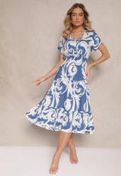 Niebieska Bawełniana Sukienka z Abstrakcyjnym Motywem i Guzikami Talivea. Niebieskie sukienki Renee, na co dzień, na lato, l, bez wzorów, z bawełny, eleganckie, bez kołnierzyka, bez ramiączek, midi, proste. Za 39.99 zł.