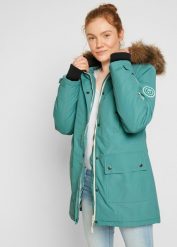 Kurtka funkcyjna outdoorowa z kapturem, nieprzemakalna. Zielone kurtki sportowe bonprix, s, bez wzorów, z futra, z kapturem. Za 299.99 zł.