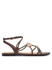 Guess Sandały FLTTAB ELE03 Brązowy. Brązowe sandały Guess, z aplikacjami, ze skóry, bez obcasa, na płaskiej podeszwie, bez zapięcia. Za 444.99 zł.
