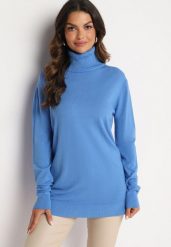 Niebieski Golf z Wiskozą i Długim Rękawem Lerithel. Niebieskie golfy Born2be, m, bez wzorów, z materiału, bez ramiączek. Za 44.99 zł.