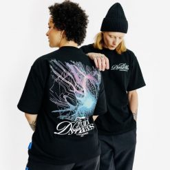 Koszulka z grafiką. Czarne bluzki DECATHLON, l, bez wzorów, z bawełny, bez kołnierzyka, bez ramiączek. W wyprzedaży za 49.99 zł.