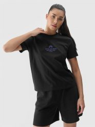 4F T-shirt regular z nadrukiem damski - czarny M. Czarne t-shirty 4f, m, bez wzorów, z bawełny, bez kołnierzyka, bez ramiączek. W wyprzedaży za 29.99 zł.