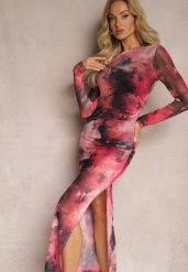 Fuksjowa Siateczkowa Sukienka Bodycon w Marmurkowy Wzór z Rozcięciem na Dole Valerimes. Czerwone sukienki Renee, na co dzień, l, bez wzorów, bez kołnierzyka, bez ramiączek, maxi, bodycon. Za 119.99 zł.