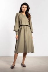 Elegancka sukienka rozkloszowana z bufiastym rękawem zielona. Zielone sukienki Infinite You, do pracy, na jesień, m, bez wzorów, z materiału, biznesowe, bez kołnierzyka, bez ramiączek, midi, dopasowane. Za 329.00 zł.