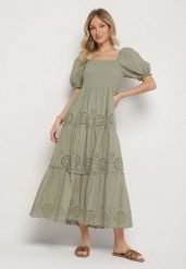 Zielona Bawełniana Sukienka z Haftowanym Wzorem Iffanella. Zielone sukienki Born2be, na co dzień, na lato, l, bez wzorów, z bawełny, eleganckie, bez kołnierzyka, bez ramiączek, maxi. Za 169.99 zł.