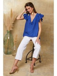 Joséfine Lniana koszulka "Quiriem" w kolorze niebieskim rozmiar: XXL. Niebieskie bluzki Joséfine, xxl, bez wzorów, ze lnu, bez kołnierzyka, bez ramiączek. Za 108.99 zł.