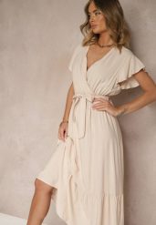Beżowa Kopertowa Sukienka z Wiskozy Ozdobiona Paskiem Savioneira. Brązowe sukienki Renee, na co dzień, l, bez wzorów, z jeansu, eleganckie, bez kołnierzyka, bez ramiączek, maxi, kopertowe. Za 54.99 zł.