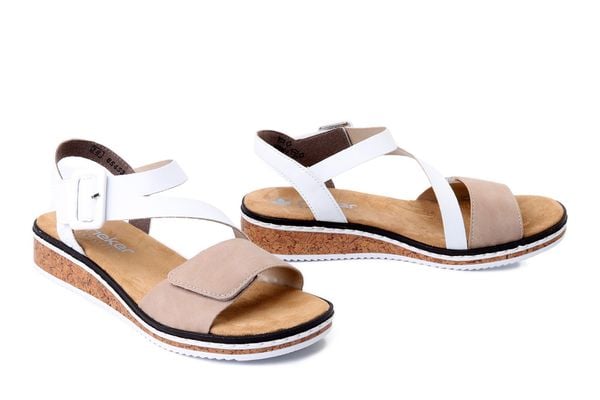 RIEKER V3660-60 beige combination, sandały damskie. Brązowe sandały Rieker, bez wzorów, bez obcasa, bez zapięcia. Za 209.93 zł.