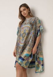 Niebieskie Ponczo z Satyny z Wiskozą i Jedwabiem w Rustykalny Wzór Telixis. Niebieskie swetry Born2be, uniwersalny, bez wzorów, z jeansu, bez ramiączek. Za 59.99 zł.