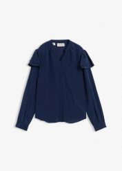 Bluzka z domieszką jedwabiu. Niebieskie bluzki bonprix, bez wzorów, bez kołnierzyka, bez ramiączek. Za 169.99 zł.