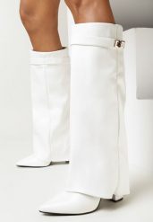 Białe Kozaki ze Szpiczastym Noskiem i Wywiniętą Cholewką Quirina. Białe kozaki Born2be, na zimę, z materiału, ze szpiczastym noskiem, bez obcasa, na obcasie, bez zapięcia. Za 199.99 zł.