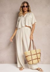 Beżowy 2-Częściowy Komplet z Wiskozy Koszula o Luźnym Kroju Szerokie Spodnie Velvitela. Brązowe koszule Renee, bez wzorów, z materiału, eleganckie, bez kołnierzyka, bez ramiączek. Za 129.99 zł.