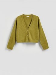 Rozpinany kardigan - oliwkowy. Zielone kardigany Reserved, l, bez wzorów, z dzianiny. Za 139.99 zł.