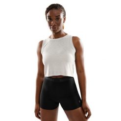 Damska treningowa koszulka crop top bez rękawów Fitness Siroko Avast. Białe koszulki sportowe SIROKO, bez wzorów, z materiału, bez ramiączek, na fitness i siłownię. W wyprzedaży za 90.95 zł.
