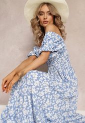 Niebieska Trapezowa Sukienka Bawełniana w Kwiaty Cresenia. Niebieskie sukienki Renee, m, bez wzorów, z bawełny, bez kołnierzyka, bez ramiączek, maxi, rozkloszowane. Za 69.99 zł.