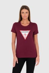 GUESS Bordowy damski t-shirt bawełniany Original Tee, Rozmiar S. Czerwone t-shirty Guess, s, z aplikacjami, z bawełny, bez kołnierzyka, bez ramiączek. W wyprzedaży za 89.99 zł.