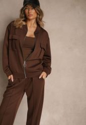 Brązowy Komplet Dresowy z Bawełny Zasuwana Bluza i Spodnie Teviora. Brązowe bluzy sportowe Renee, l, bez wzorów, z bawełny, bez kaptura. Za 269.99 zł.