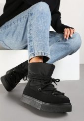 Czarne Śniegowce na Platformie ze Sznurowaniem Izatria. Czarne trapery i śniegowce Renee, z futra. Za 89.99 zł.