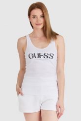 GUESS Biały top damski z logo z koralików, Rozmiar XS. Białe topy Guess, s, z aplikacjami, prążkowane, bez kołnierzyka, bez ramiączek. W wyprzedaży za 119.99 zł.