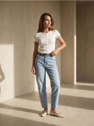 Jeansy balloon high waist z paskiem - niebieski. Niebieskie jeansy Sinsay, bez wzorów, z podwyższonym stanem. Za 69.99 zł.