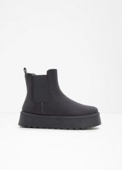 Sztyblety. Szare botki bonprix, bez wzorów, bez obcasa, na platformie, bez zapięcia. Za 149.99 zł.