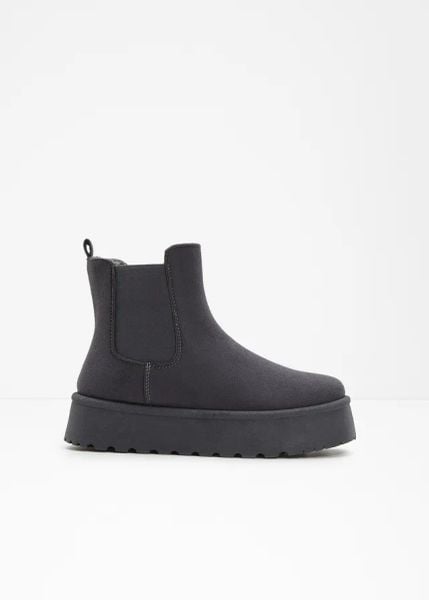 Sztyblety. Szare botki bonprix, bez wzorów, bez obcasa, na platformie, bez zapięcia. Za 149.99 zł.
