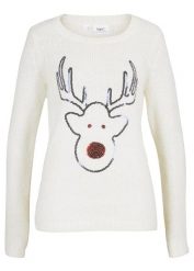Sweter bożonarodzeniowy z motywem renifera z cekinami. Białe swetry bonprix, bez wzorów, bez ramiączek. Za 129.99 zł.