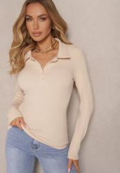 Beżowa Prążkowana Bluzka z Bawełny Ozdobiona Guzikami i Kołnierzykami Sesanela. Brązowe bluzki Renee, m, bez wzorów, z bawełny, eleganckie, bez kołnierzyka, bez ramiączek. W wyprzedaży za 52.49 zł.