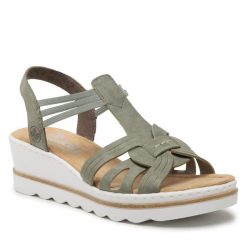 Sandały Rieker. Zielone sandały Rieker, bez wzorów, bez obcasa, na koturnie, bez zapięcia. Za 259.99 zł.