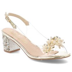 Złote Sandały S.Barski Eleganckie Obuwie Damskie. Żółte sandały S.BARSKI, z aplikacjami, eleganckie, bez obcasa, na obcasie, bez zapięcia. Za 199.00 zł.