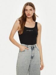 Guess Top W5RP48 KA0H1 Czarny Regular Fit. Czarne topy Guess, xs, z aplikacjami, z bawełny, bez kołnierzyka, bez ramiączek. Za 129.99 zł.