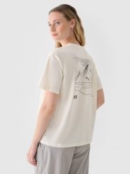 T-shirt regular z nadrukiem damski - biały. Białe t-shirty 4f, l, bez wzorów, z bawełny, bez kołnierzyka, bez ramiączek. W wyprzedaży za 29.99 zł.