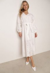 Biała Bawełniana Sukienka Boho z Paskiem Haftem i Ażurowymi Wstawkami Orilise. Białe sukienki Born2be, do pracy, l, w ażurowe wzory, z bawełny, biznesowe, bez kołnierzyka, bez ramiączek, maxi, kopertowe. Za 309.99 zł.