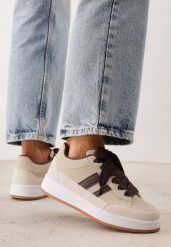 Beżowe Sneakersy Basic z Paskami na Boku Adila. Brązowe obuwie sportowe Renee, z jeansu, bez zapięcia. Za 99.99 zł.