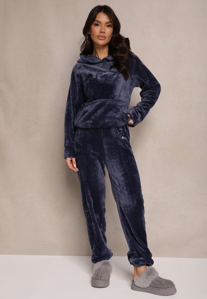 Granatowy Ciepły Komplet Dresowy z Pluszowej Tkaniny Spodnie i Bluza z Kapturem Selawen. Niebieskie bluzy Renee, l, bez wzorów, z dresówki, z kapturem. Za 79.99 zł.