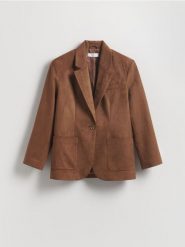 Marynarka z imitacji zamszu - brązowy. Brązowe marynarki i żakiety Reserved, l, bez wzorów. Za 229.99 zł.
