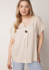Beżowa Nietoperzowa Bluzka z Krótkim Rękawem z Lnem i Wiskozą Isirtila. Brązowe bluzki Born2be, l, bez wzorów, z bawełny, biznesowe, bez kołnierzyka, bez ramiączek. Za 69.99 zł.